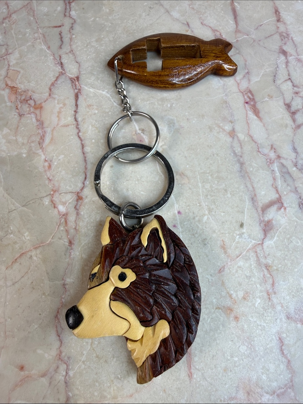 Handcrafted Wooden Husky Dog & Fish Cross Keychain - Brown & Cream